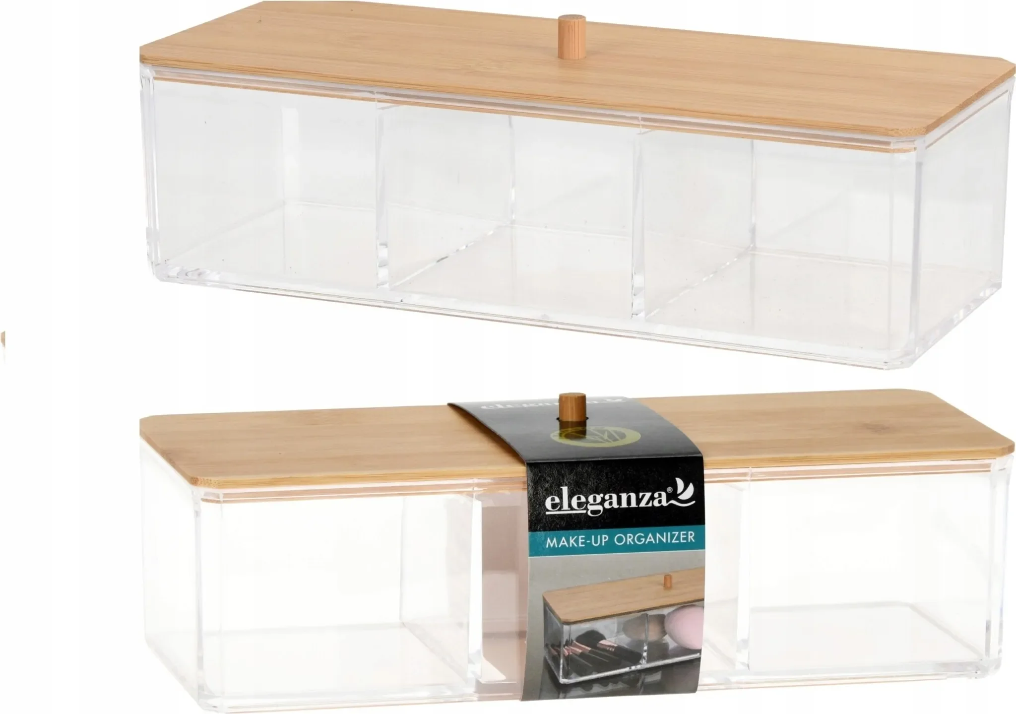 Eleganza Aufbewahrungsbehälter mit Bambusdeckel – 3-Fächer Organizer aus Acryl